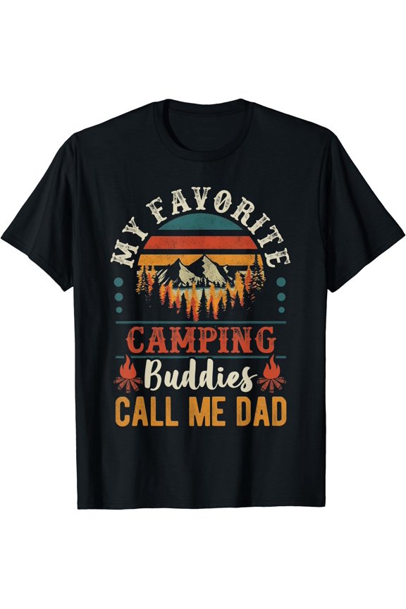 Funny Camping Theme T-Shirt for Dads with Colorful Mountain and Sunset Design