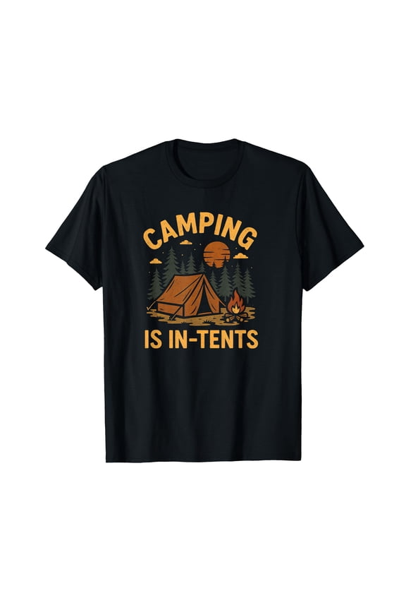 Funny Camping Themed T-Shirt with Tent and Campfire Graphic for Outdoor Adventures