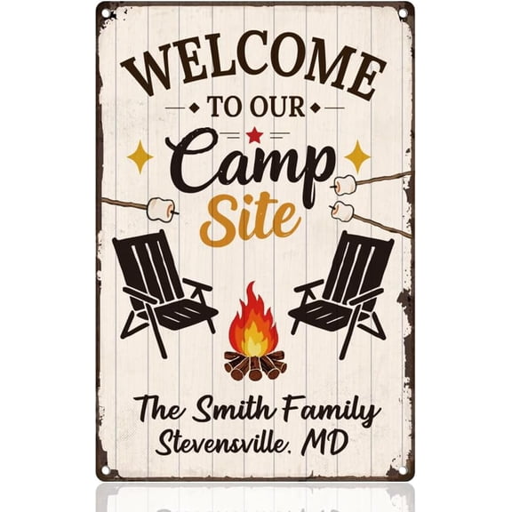 Funny Camping Tin Sign Retro Metal Wall Decor 8" x 12" Vintage Welcome to Our Campsite Wall Art Poster for RV Home Cafes Outdoor Garden Lake House Yard Man Cave Decor Gift