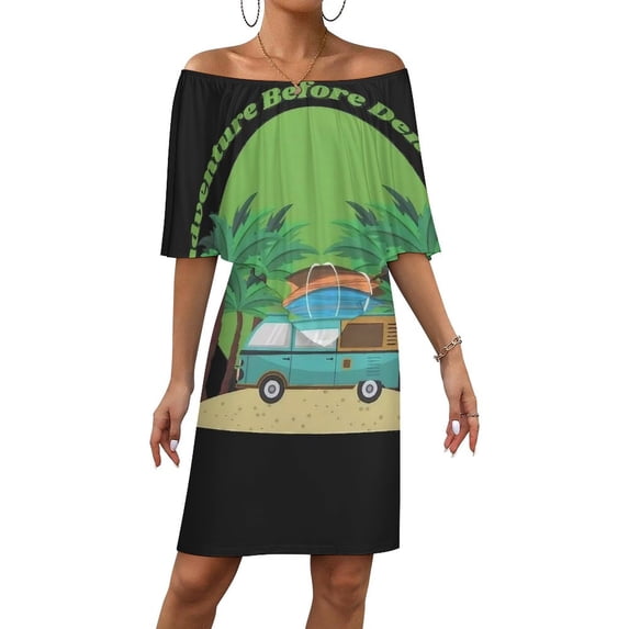 Funny Camping Women's Off The Shoulder Ruffles Summer Wedding Guest Loose Casual Party Beach Dress
