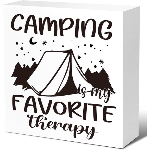 Funny Camping Wooden Plaque Signs Desk Decor,Camping Favorite Therapy Quote Camping Signs For Campers Home Tent Hotels Shelf Table Decoration 7x7 Inch