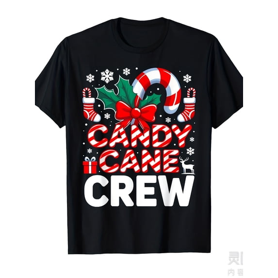 Funny Candy Crew Christmas Candy Cane Holly Snowflake Graphic Tee for Men Women, Funny Holiday Party Short Sleeve T-Shirt, Casual Crew Neck Top for Christmas Gift