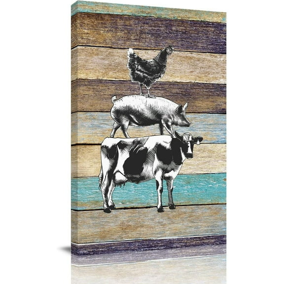 Funny Canvas Wall Art Farm Decor for Kitchen Bathroom RusticAnimal Cow Pig Chicken Vintage Wood Grain Picture Print Painting,Framed Artwork for Living Room,Office 12" Wx18 L