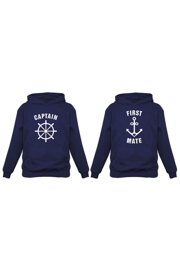 Funny Captain & First Mate Nautical Sailing Matching Hoodies Set Couples Gift Hoodie Blue XX-Large / Women Hoodie Blue XX-Large
