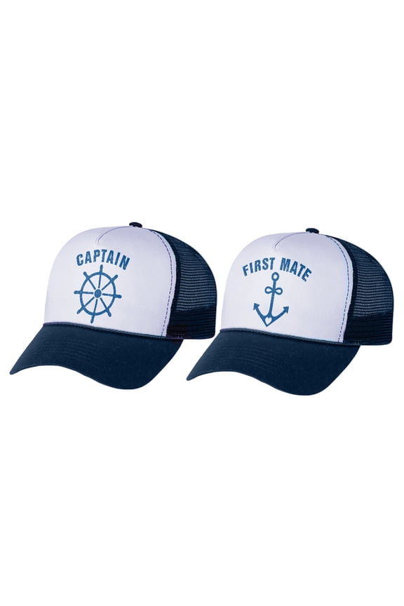 Funny Captain & First Mate Nautical Sailing Matching Mesh Caps Set Couples Gift Captain navy white OS / Mate navy/white OS