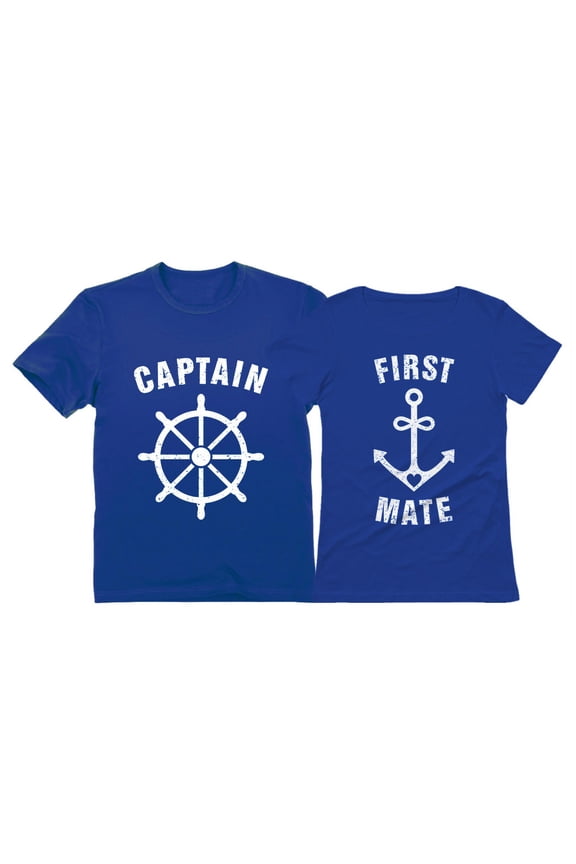 Funny Captain & First Mate Nautical Sailing Matching T-Shirts Set Couples Gift Captain Blue Large / First Mate Blue Small