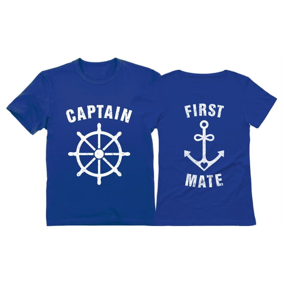 Funny Captain & First Mate Nautical Sailing Matching T-Shirts Set Couples Gift Captain Navy Small / First Mate Blue Medium