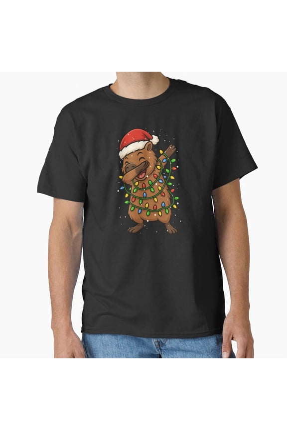 Funny Capybara Dabbing Merry Xmas Animal Lover Christmas Lights Kids Unisex T-Shirt, up to size 5XL