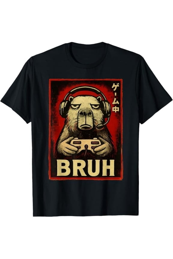 Funny Capybara Gamer Bruh Graphic Tee Men Boys Teens Gaming T-Shirt