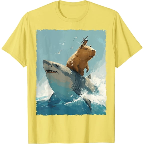 Funny Capybara Riding Shark Graphic Unisex T-Shirt for Men Women Kids Toddler,Cornsilk Color,Size YS