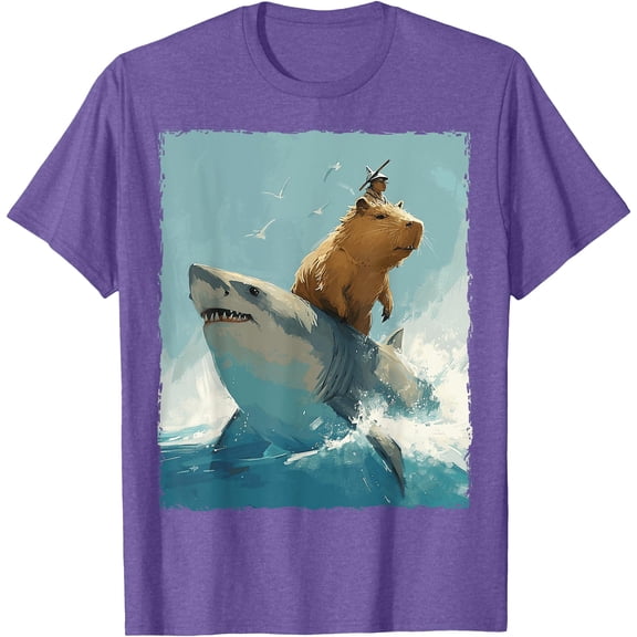Funny Capybara Riding Shark Graphic Unisex T-Shirt for Men Women Kids Toddler,Violet Color,Size M