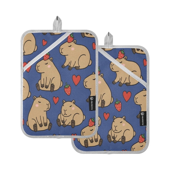 Funny Capybara Strawberry Prints Pot Holder Set 2 Piece Non-Slip Oven Hot Pads Heat Resistant Durable 7x9.8in