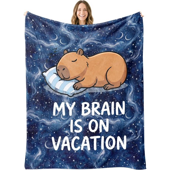 Funny Capybara Throw Blanket "My Brain is on Vacation" Capybara Gifts | Birthday Gifts, Flannel Polyester Blanket, Cute Animal Gifts for Women, Men, Teens, Gamers, Introverts, 50x60Inch