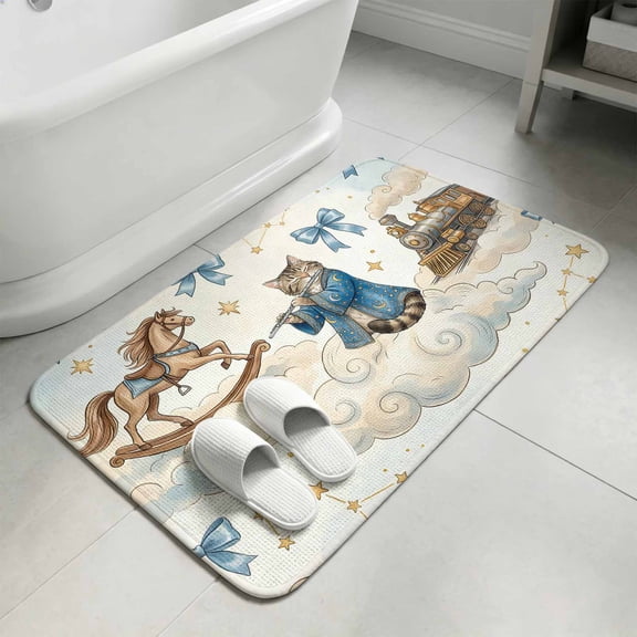 Funny Cartoon Bathroom Rugs Non Slip Washable Bath Mat Absorbent Front Door Mat Blue Cute Cat Train Cloud Star Bow Knot Indoor Doormat for Kitchen Entryway Shower Decor Accessories 15.7"x23.6"