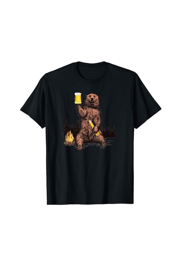 Funny Cartoon Bear Drinking Beer Campfire Woods Outdoor T-Shirt for Nature Lovers