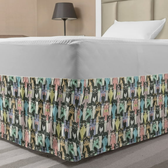 Funny Cartoon Bed Skirt, Theme of Playful Hipster Cats with Glasses Colorful Dotted Designed Print, Elastic Bedskirt Dust Ruffle Wrap Around for Bedding Decor, 4 Sizes, Multicolor, by Ambesonne