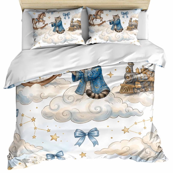 Funny Cartoon Bedding 3 Piece Duvet Cover Set Twin Size, Blue Cute Cat Train Cloud Star Bow Knot Soft Microfiber Comforter Cover with Zipper Closure & Pillowcases, Wrinkle & FadeResistant Quilt Cover