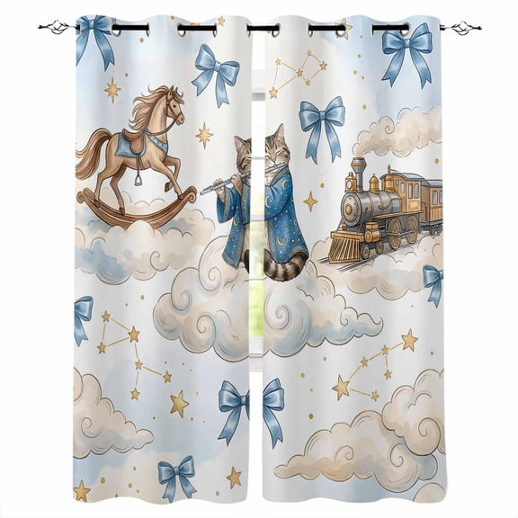 Funny Cartoon Blackout Curtains for Bedroom/Living Room, Thermal Insulated Kitchen Curtains, Blue Cute Cat Train Cloud Star Bow Knot Grommet Darkening Window Treatment Drapes 42"x63"x2