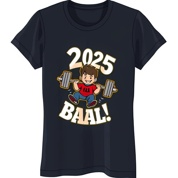 Funny Cartoon Boy Lifting Barbell '2025' T-Shirt Women's Fitted Black Tee