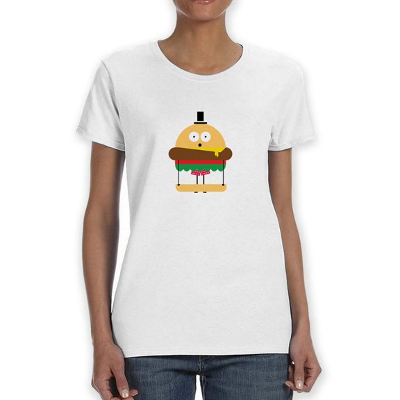 Funny Cartoon Burger Pants Graphic Women White T-Shirt, Female Large