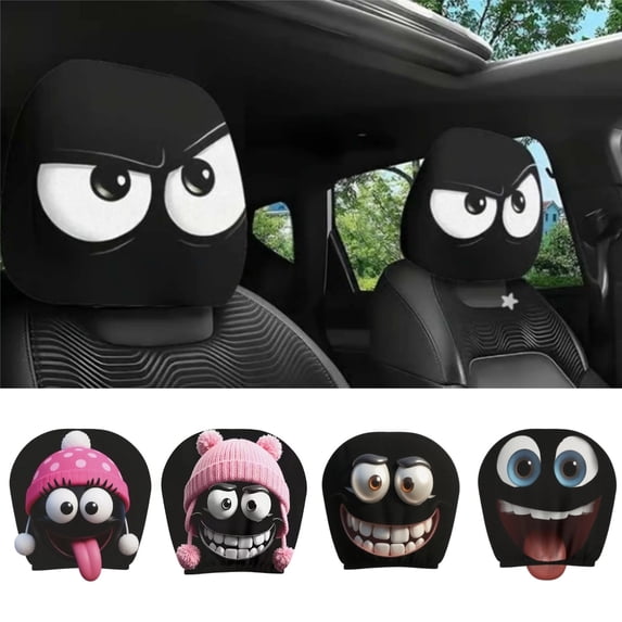 Funny Cartoon Car Headrest Covers, 2PCS Universal Stretchable Seat Head Rest Protectors with Grinning Face Design for SUVs, Sedans & Trucks – Soft, Non-Slip