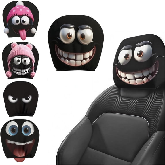 Funny Cartoon Car Headrest Covers for Front Seats – Stretchy Elastic Eye-Catching Grinning Face Design, Easy Install & Remove, Protects Headrests, Fits Most Cars SUVs Trucks