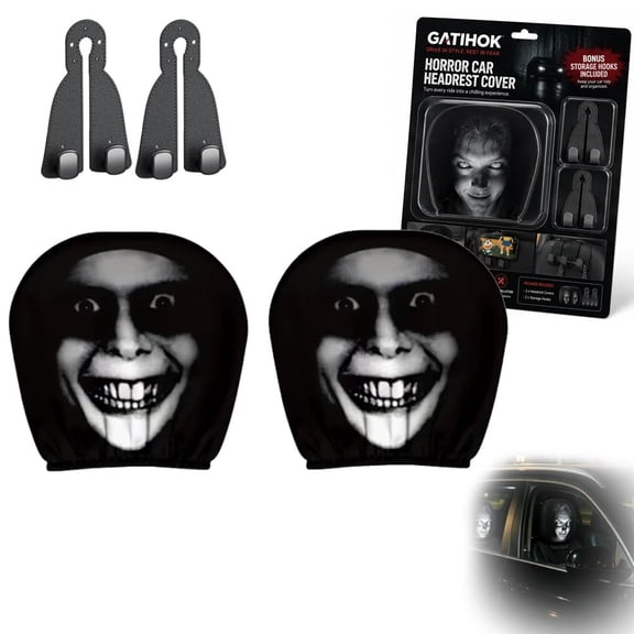 Funny Cartoon Car Headrest Covers Ghost Face Rest Head 2PCS Universal Fit Scary Stretchy Seat Headrest Protector Interior Accessories for Auto Vehicle Truck SUV Washable Soft Polyester