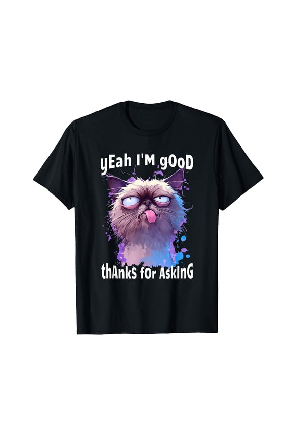 Funny Cartoon Cat Face T-Shirt for Cat Lovers - Stressed Kitty Meme Design
