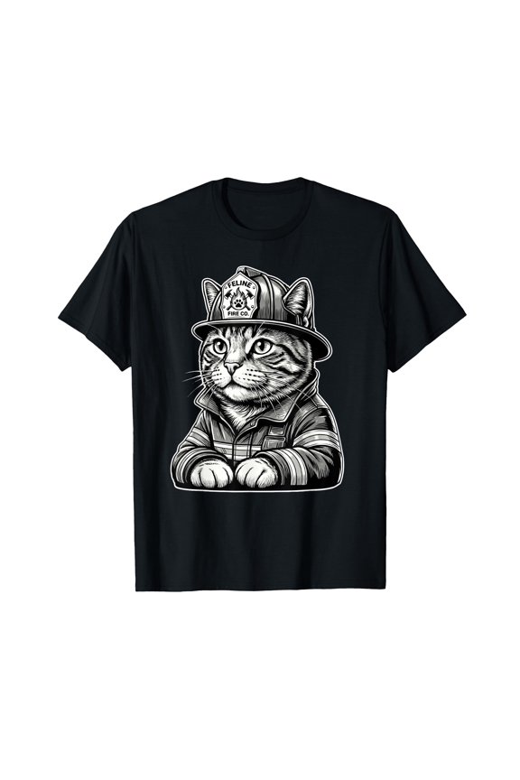 Funny Cartoon Cat Firefighter T-Shirt for Fire Rescue Cat Lover Gift