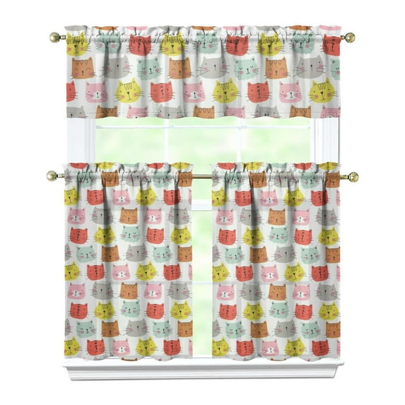Funny Cartoon Cat Kitchen Curtains - Set of 3 with Cats and Hearts Pattern for Windows