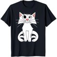 thumbnail image 1 of Funny Cartoon Cat T-Shirt White & Gray Striped Cat with Smirk & Pink Nose on Black Tee, 1 of 5