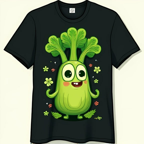 Funny Cartoon Celery Graphic Black T-Shirt with Smiling Face & Floral Design