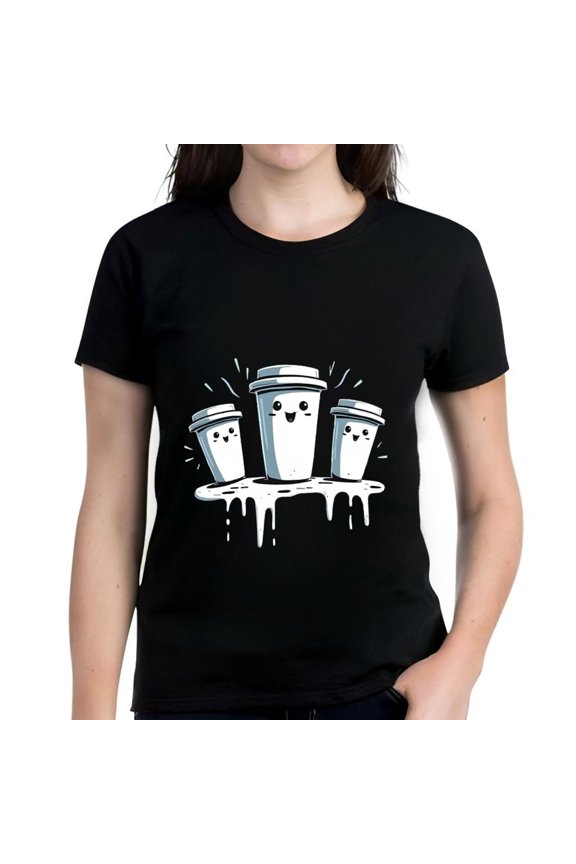 Funny Cartoon Coffee Cups Graphic Cotton Short Sleeve T-Shirt - Dripping Coffee Design Playful & Expressive Perfect for Coffee Lovers