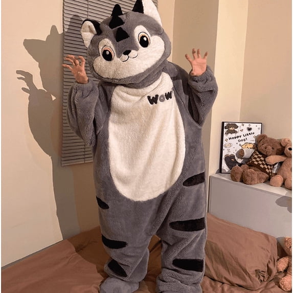 Funny Cartoon Coral Fleece Women’s Onesie Thickened Lazy Style Hoodless Jumpsuit Sleepwear, Cute Cartoon Style Collar‑Free Women Pajama for Home Rest & Daily Relax