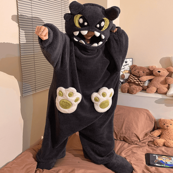 Funny Cartoon Coral Fleece Women’s Onesie Thickened Lazy Style Hoodless Jumpsuit Sleepwear, Cute Cartoon Style Collar‑Free Women Pajama for Home Rest & Daily Relax