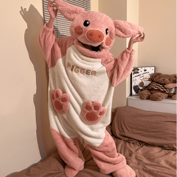 Funny Cartoon Coral Fleece Women’s Onesie Thickened Lazy Style Hoodless Jumpsuit Sleepwear, Soft Plush Polyester One‑Piece Pajama for Spring Autumn Winter Home Loungewear