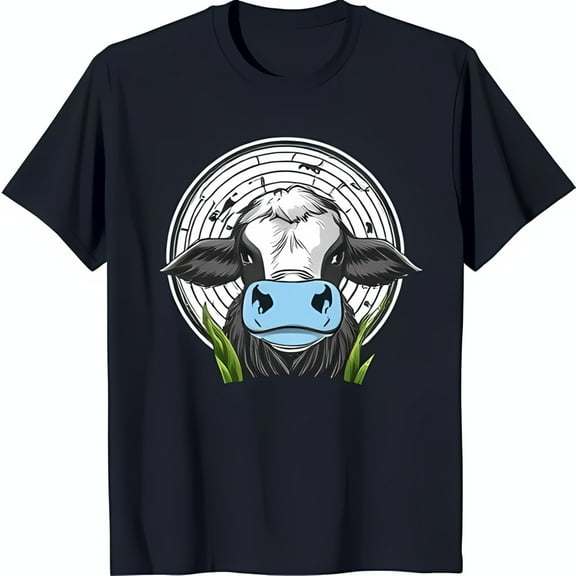Funny Cartoon Cow Head Graphic on Blue T-Shirt Unique Design with Leaves