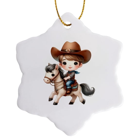 3drose, Funny Cartoon Cowboy Rides His Cute Horse. White Background Cool Gift, 3 inch Snowflake Porcelain Ornament