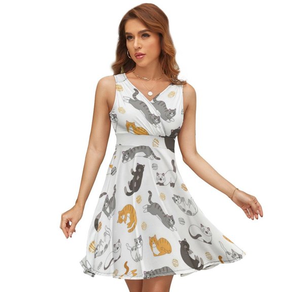 Funny Cartoon Cute Cat Red Orange Gray Dress Fashion Beach Long Dresses Female Party Printed Sundress