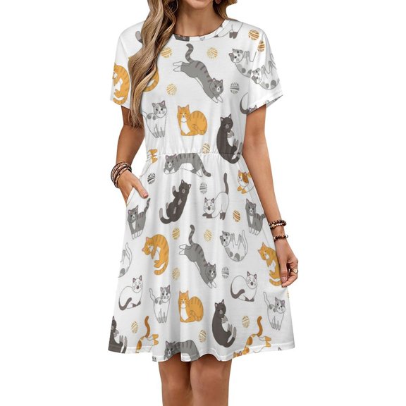 Funny Cartoon Cute Cat Red Orange Gray Short Sleeve Dress Women Summer Evening Dresses Ladies Sundress