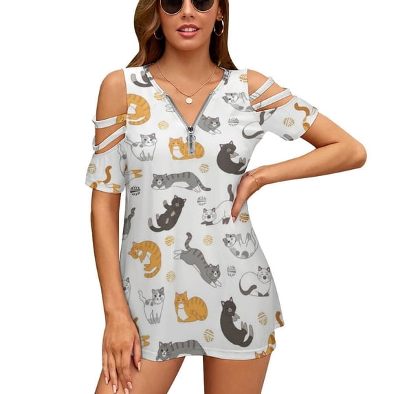 Funny Cartoon Cute Cat Red Orange Gray Womens Summer V Neck Zipper Top Short Sleeve T Shirt Off Shoulder Top Casual Classy Loose Shirts