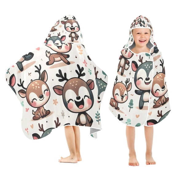 Funny Cartoon Deers Kids Hooded Beach Towel Baby Bath Poncho Towels with Hood Absorbent 50"x23.5" for Pool Swimming