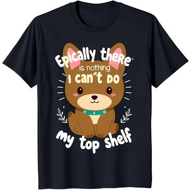 Funny Cartoon Dog Black TShirt Brown Dog with Pink Ears & 'Epically