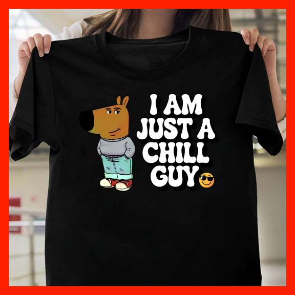 Funny Cartoon Dog 'Chill Guy' T-Shirt - Relaxed Casual Graphic Tee A1314, for Unisex, Up to Size 5XL
