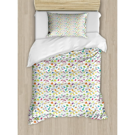 Funny Cartoon Duvet Cover Set, Colorful Design and Shapes of Dinosaur Motifs Doodle Animal Drawings, Decorative 2 Piece Bedding Set with 1 Pillow Shams, Twin Size, Multicolor, by Ambesonne