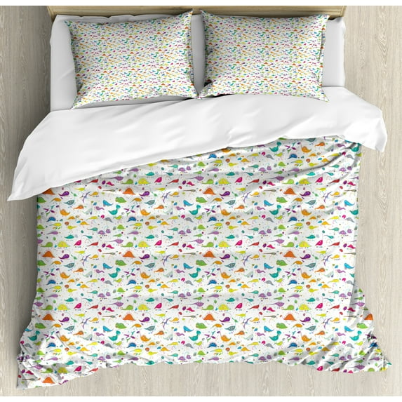 Funny Cartoon Duvet Cover Set, Colorful Design and Shapes of Dinosaur Motifs Doodle Animal Drawings, Decorative 3 Piece Bedding Set with 2 Pillow Shams, King Size, Multicolor, by Ambesonne