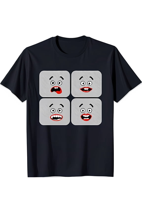 Funny Cartoon Faces Black T-Shirt Shocked Smiling Grinning Expressions