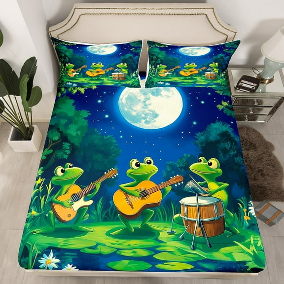 Funny Cartoon Frog Bedding Set Twin Size Musical Guitar Drum Kit Bed Set for Teens Bedroom Decor Dreamy Jungle Night Fitted Sheet Soft Microfiber Pond Lotus Leaves Bed Cover 2 Pcs,No Flat Sheet