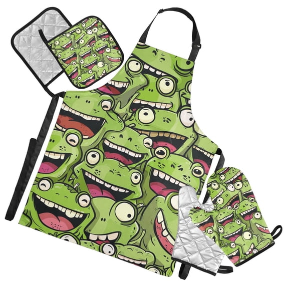 Funny Cartoon Frogs Face 5 Pcs Kitchen Set Heat Resistant Oven Mitts and Non-Slip Pot Holders with Adjustable Cooking Apron
