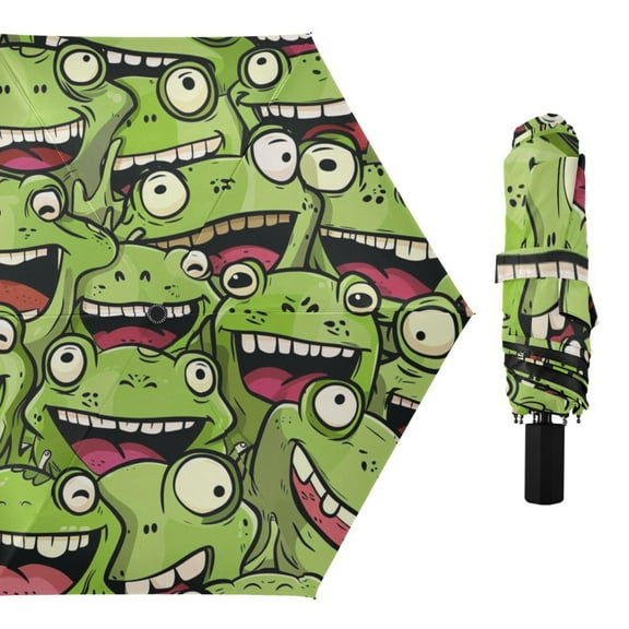 Funny Cartoon Frogs Face Compact Sun Umbrella Windproof Travel Umbrellas for Rain Strong Portable UV Protection